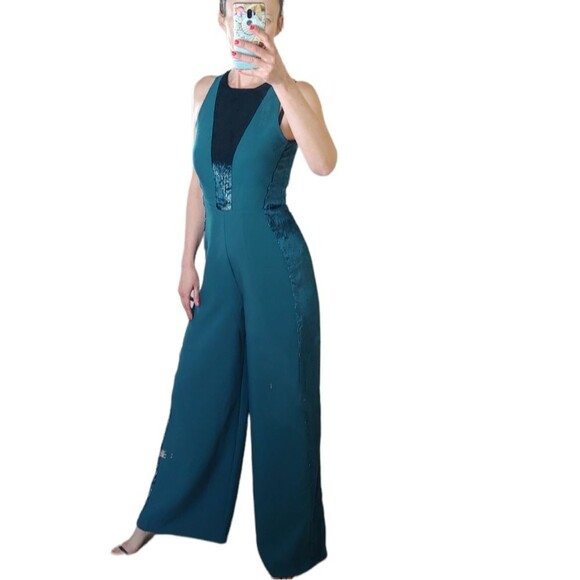 Adelyn Rae green wide leg jumpsuit velvet side stripes sleeveless size Small - Picture 10 of 11